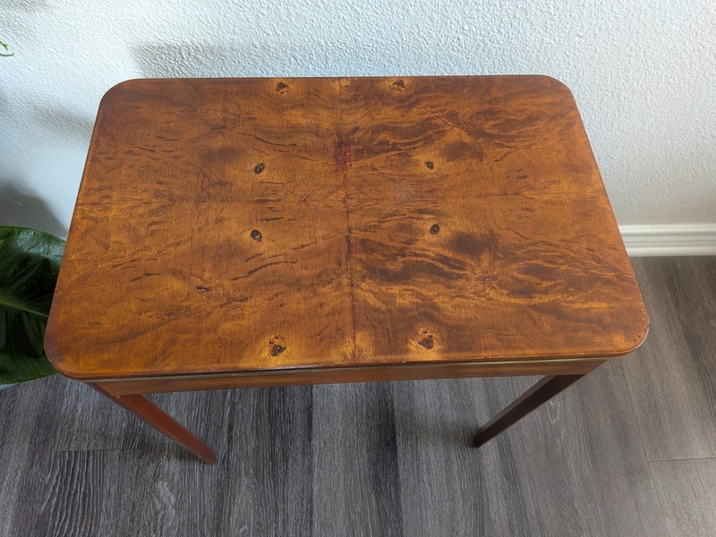 Mid-Century Modern Burr Walnut Side Table | Brass Trim | Vintage 1950s | Accent gallery