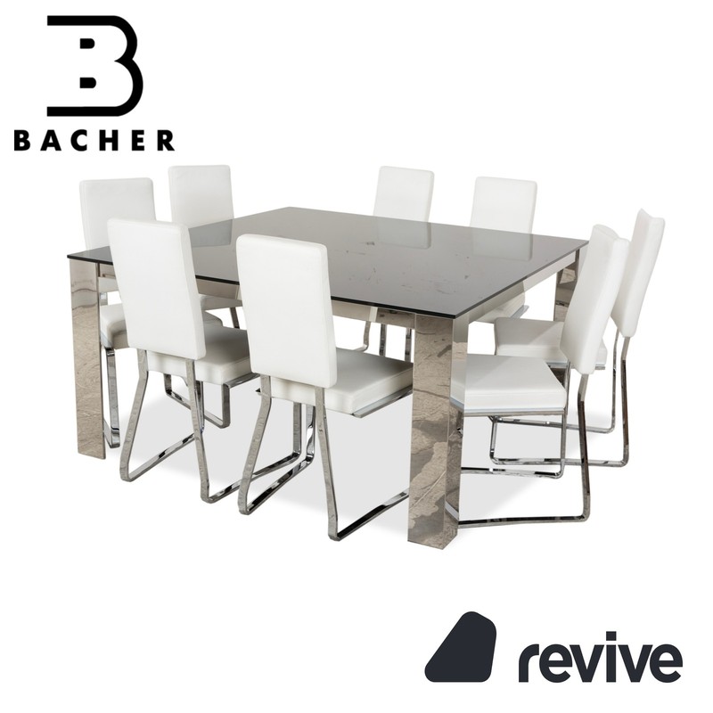 Bacher Glass Leather Dining Table 8 Chair Set Silver Chrome White Cream