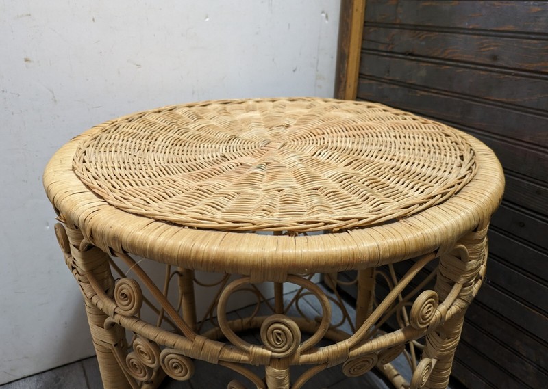 Vintage Boho Chic Wicker Rattan Peacock Spiral Round Drum Table Plant Stand gallery