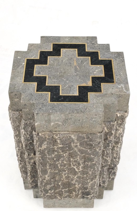 Tessellated Stone Brass Inlay Square Pedestal Stand End Table Black & Grey Mint gallery