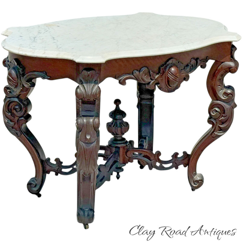 Large Antique Victorian rococo center turtle top marble table 1860 Carved