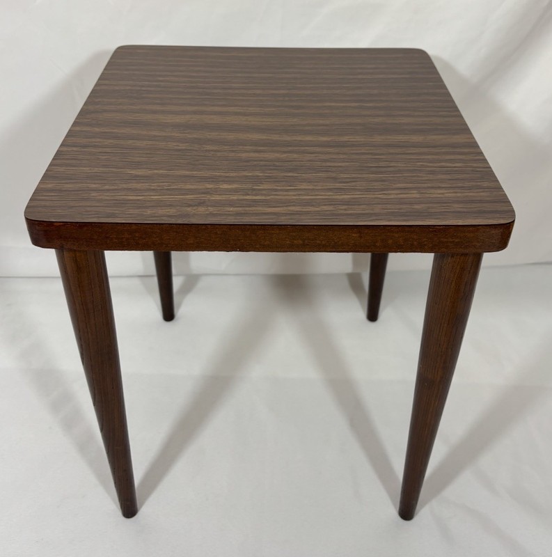 Vintage 1964 Mid Century Side Table Laminate Formica Top Wood Legs Plant Stand