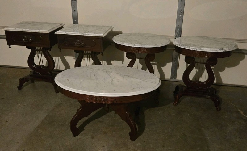 KIMBALL ROSE LYRE HARP ITALIAN MARBLE ACCENT AND COFFEE TABLE SET OF 5