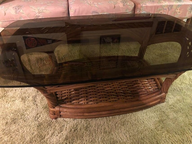 Vintage Lane Wicker Tinted Glass Top Coffee Table Rare
