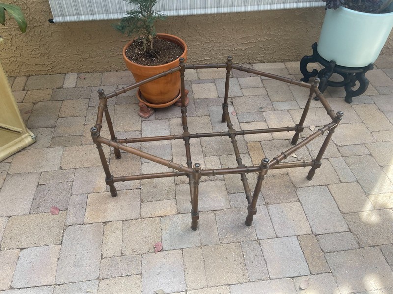 Mid Century Faux Brown Lacquer Bamboo Base Brass Tray Thick Glass Coffee Table gallery