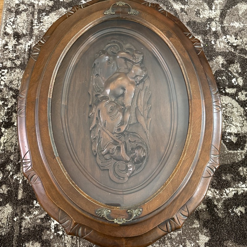 Antique Coffee Table CARVED Cherubs with Removable Glass Tray. Walnut. #722 gallery