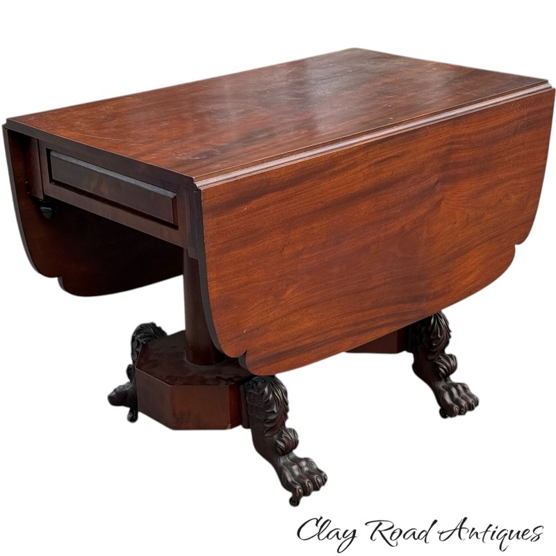 Antique Classical federal mahogany double pedestal paw foot breakfast table 1820 gallery