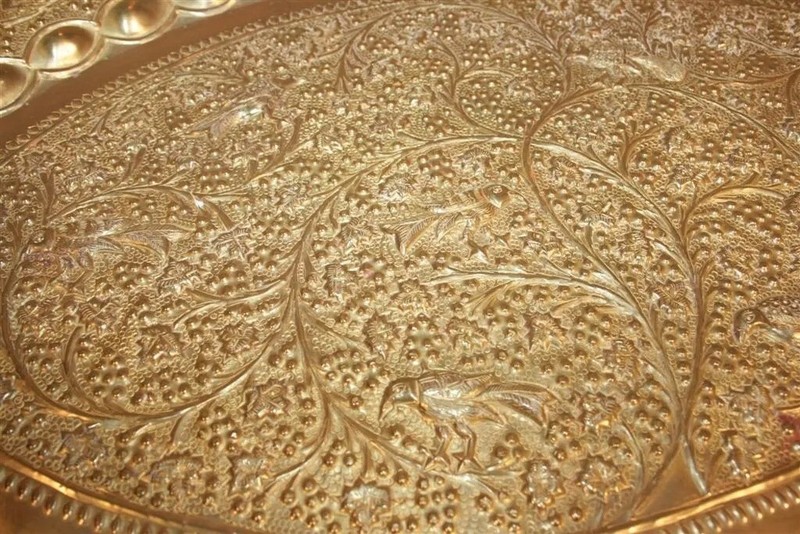 Vintage Moroccan Brass Bird Embossed Oval Tray Folding Small Coffee Table gallery