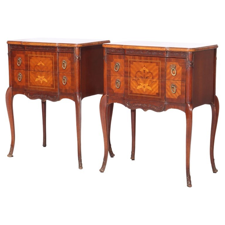 Pair Of Antique French Louis XV Mahogany & Satinwood Inlaid Stands