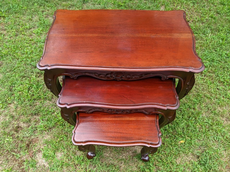 3 Nesting Tables: Queen Anne Solid Cherry Wood Cabriolet Legs Carved Floral Swag gallery