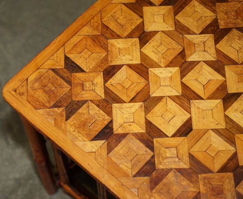 ORIGINAL VICTORIAN BAMBOO PARQUETRY NEST OF TWO TABLES LOVELY INLAID TOPS gallery