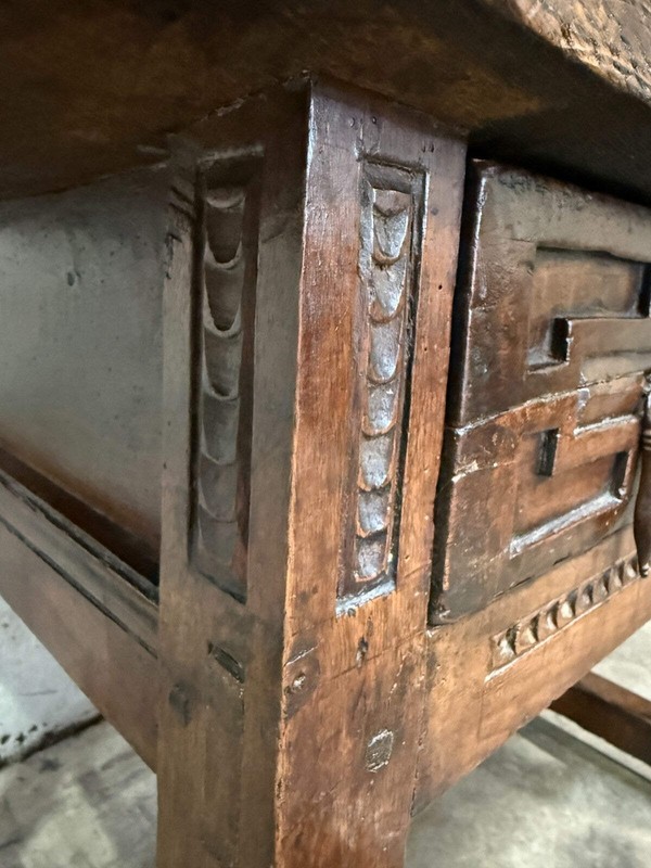 18th C. Spanish Beautifully Rustic Carved-Wood Trestle-Leg Table with Drawer gallery