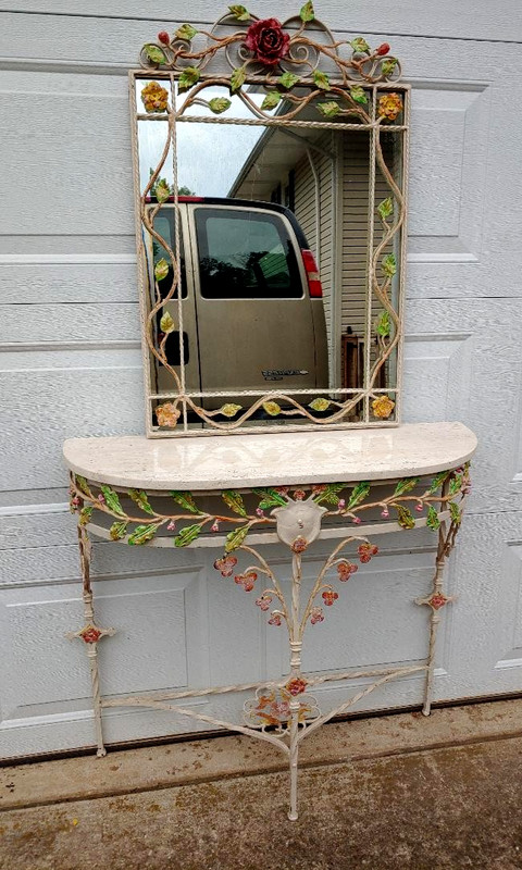WONDERFUL 1920'S HAND WROUGHT IRON MARBLE TOP DEMILUNE HALL TABLE & MIRROR gallery