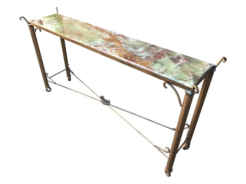 Vintage French Extra Long Green/Multi Onyx Top Console Table Iron Stand gallery