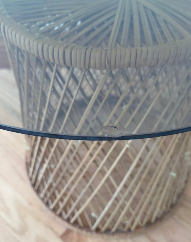 Vintage 1970s Smoked Glass Round End Table with Wicker Rattan Drum Base gallery