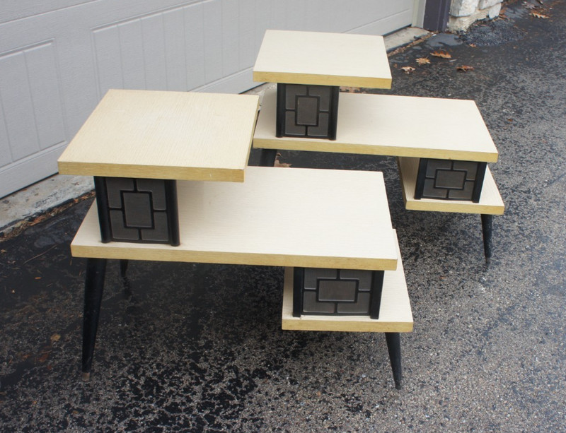 2 ~ Retro Mid Century Modern Blonde & Black 3 Tier Side-step End Tables READ