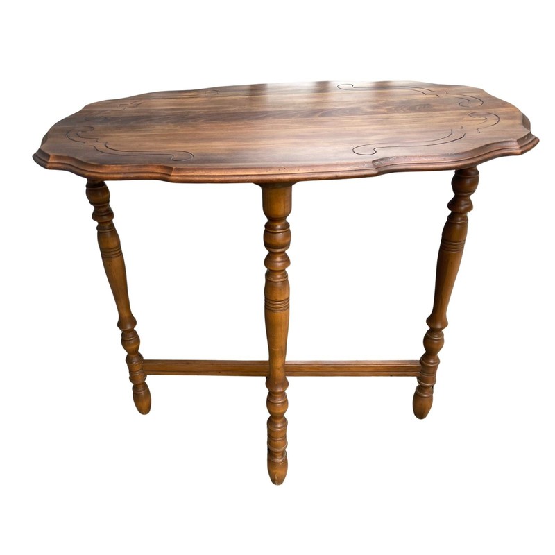 VTG Oval Solid Wood Parlor Sofa Table Carved Top w/ Ornate Spindle Legs gallery