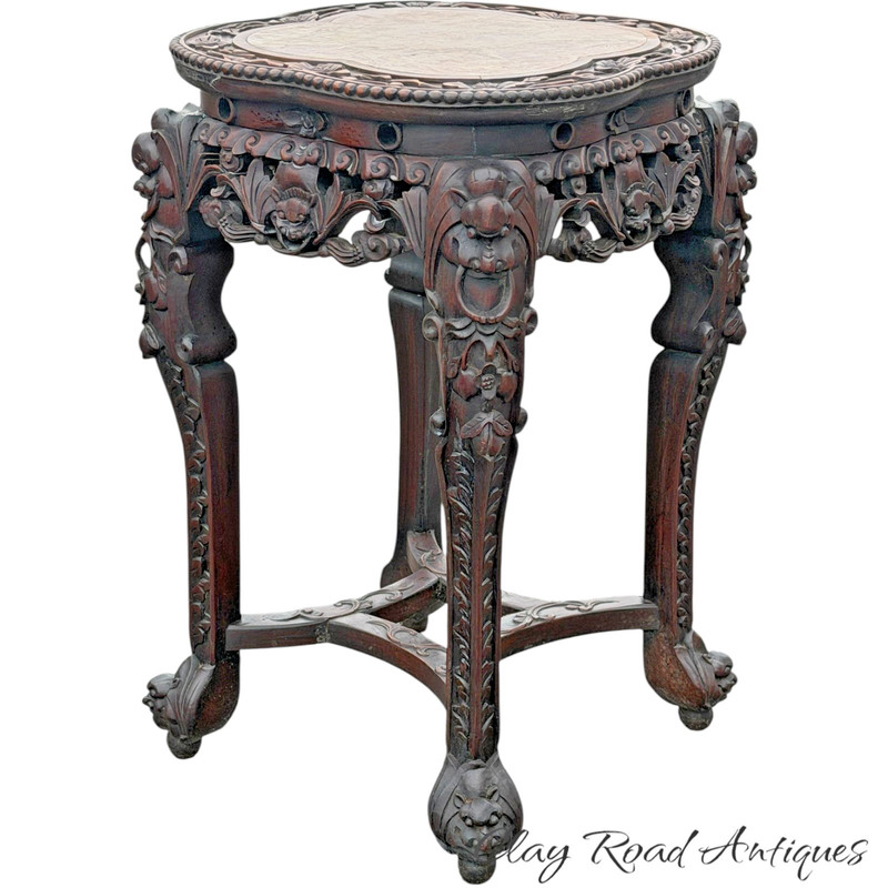 Antique Carved Chinese rosewood marble top parlor table plant stand victorian