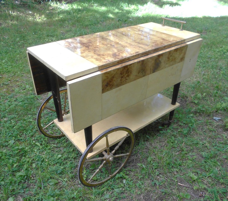 ANTIQUE ART DECO SHEEP SKIN DROP LEAF TEA CART