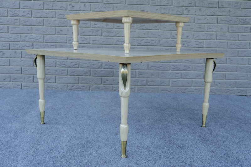 Mid Century Modern Blonde & Gold Tone Modular Two Tier Coffee End Table - 30" gallery
