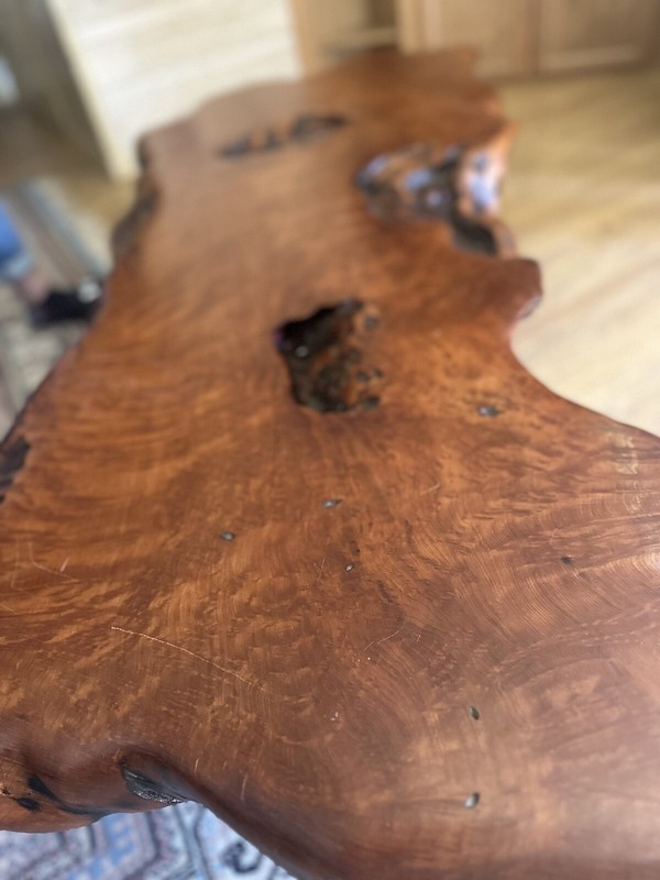 Vintage Red Wood Burl Coffee Table With Red Wood Legs. (1960)