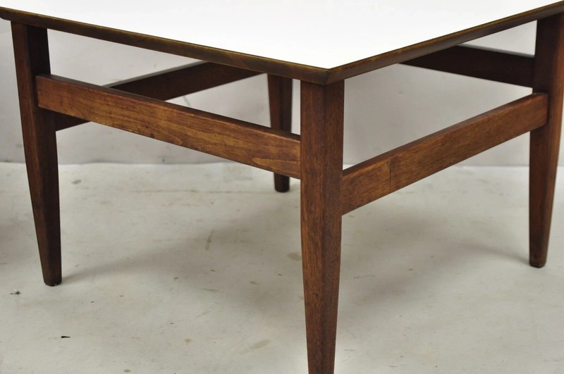 Vintage Mid Century Modern Walnut Base Laminate Top Low Side Tables - a Pair gallery
