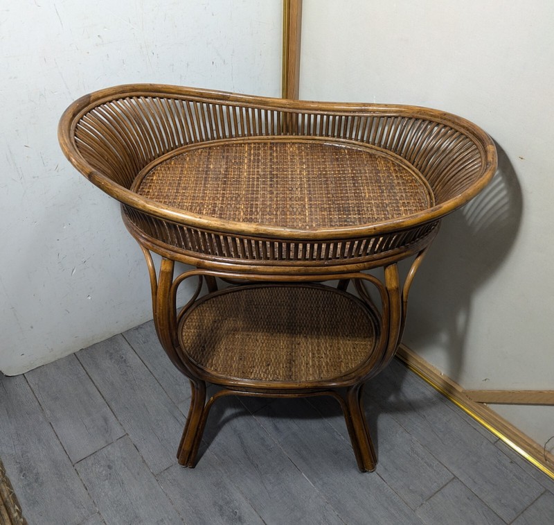 Vintage Asian Hollywood Regency Bamboo Wicker Rattan 2-Tier Bar Tea Tray Table gallery