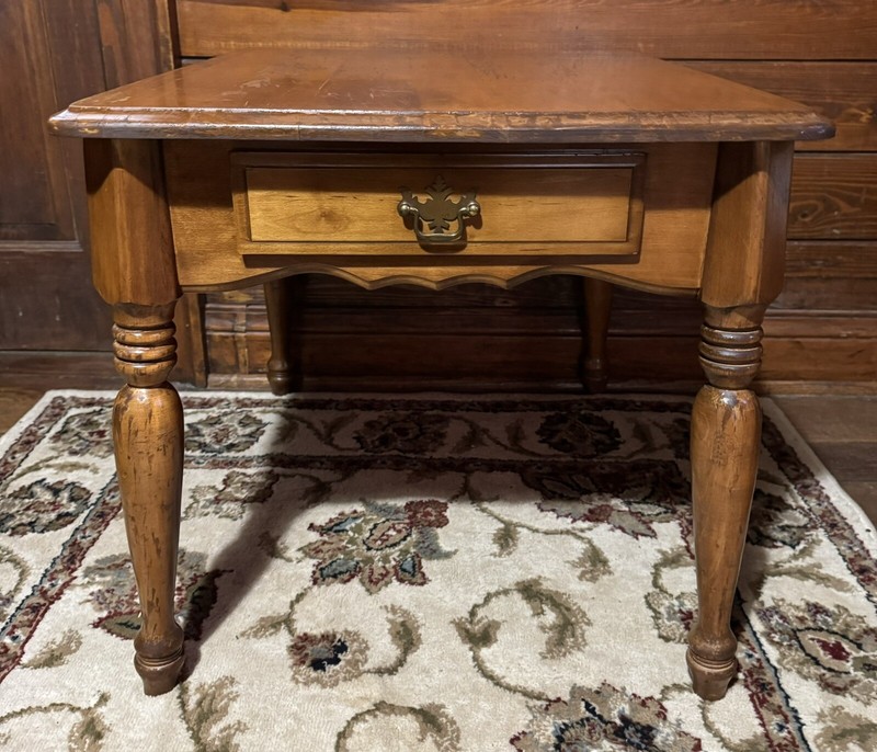 Vintage Wood Side Table With Drawer 22” X 26” X 20 3/4” gallery