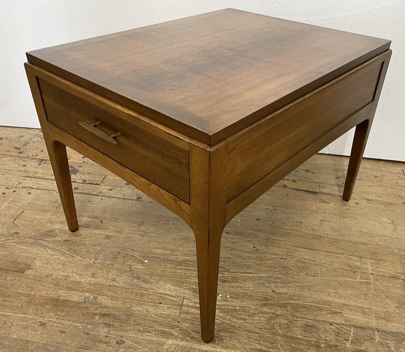 1968 MCM Lane Rhythm Collection Walnut Single End Table w Drawer Brass Plate gallery