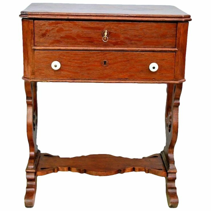 Antique Tiger Oak Victorian Sewing Work Stand Desk Two Locking Drawers with Key