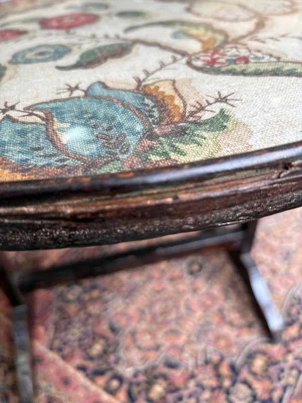 A Early 20th Century Tilt Top Table /Fire Screen Jacobean Style Fabric Glass top gallery
