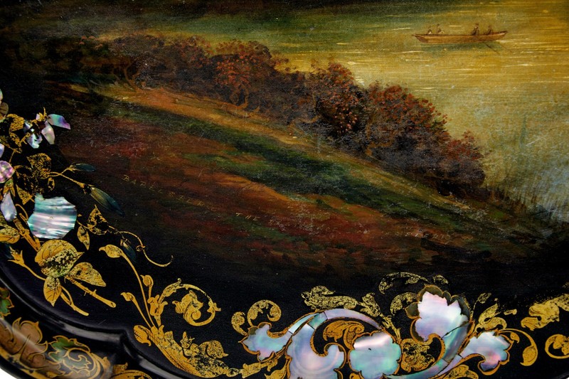 19TH CENTURY PAPIER MACHE AND PAINTED MOTHER OF PEARL INLAID TILT-TOP TABLE gallery