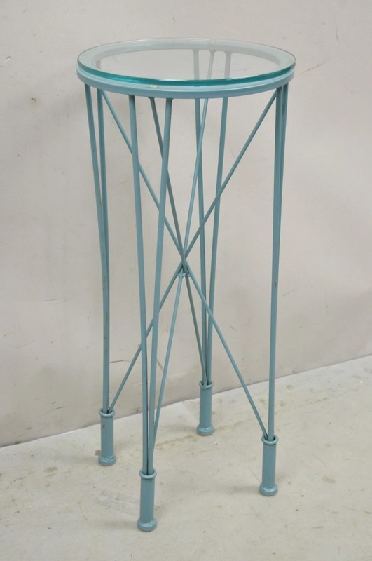 Postmodern Blue Wrought Iron "Skyscraper" Glass Top Pedestal Stand Side Table gallery