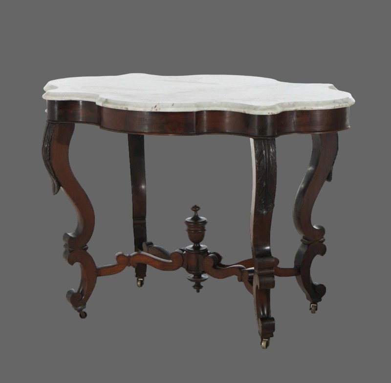 Antique Victorian Foliate Carved Walnut & Beveled Marble Turtle Top Table gallery