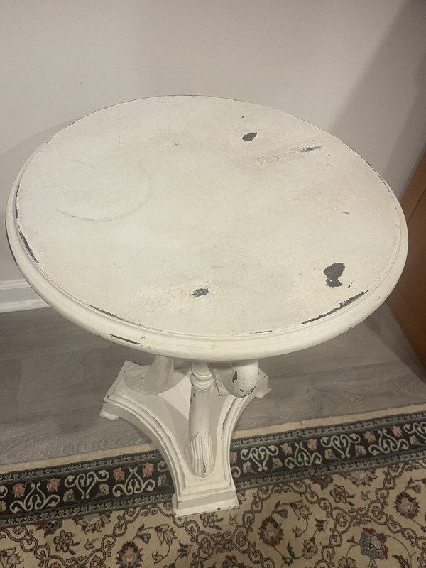 Vintage Table White Paint Over Dark Wood Carved Swan Table 20” Top 27” Floor Top gallery
