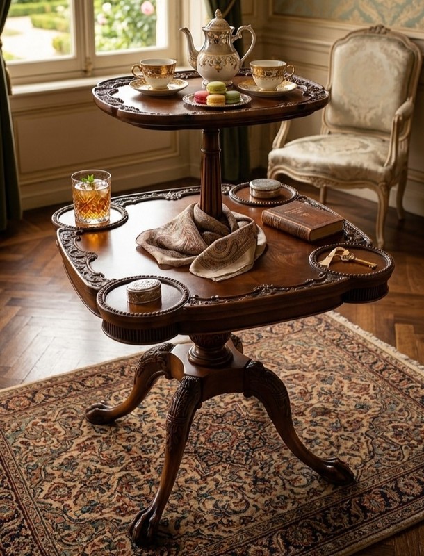 Antique  two tier occasional  table with  beautiful  carved wood