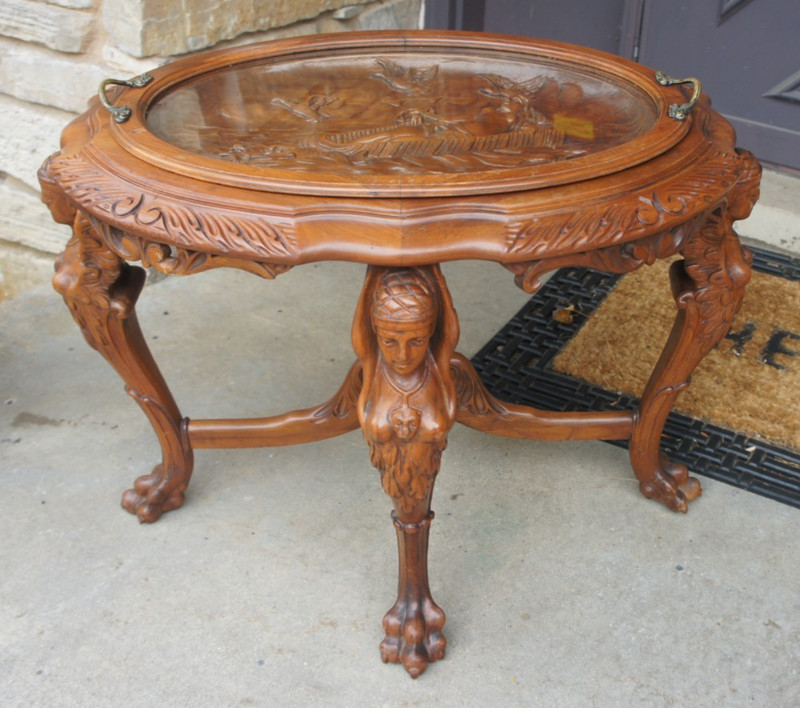 Antique Egyptian Nude Women w/ Coy Fish Art Nouveau Carved Wood Table w/tray