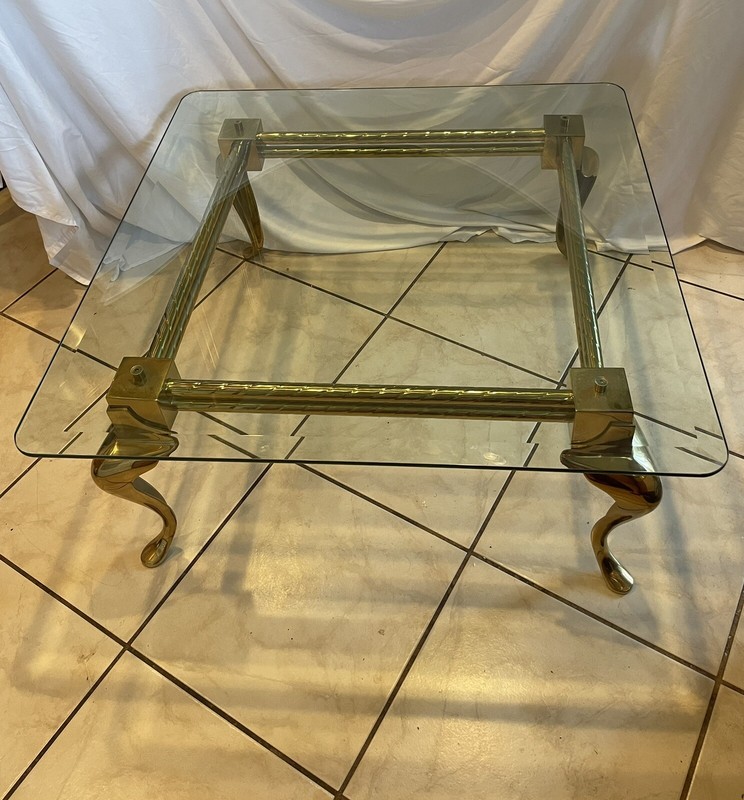 Vintage Brass & Glass Coffee Table – Twisted Bar Frame with Cabriole Legs, 36”