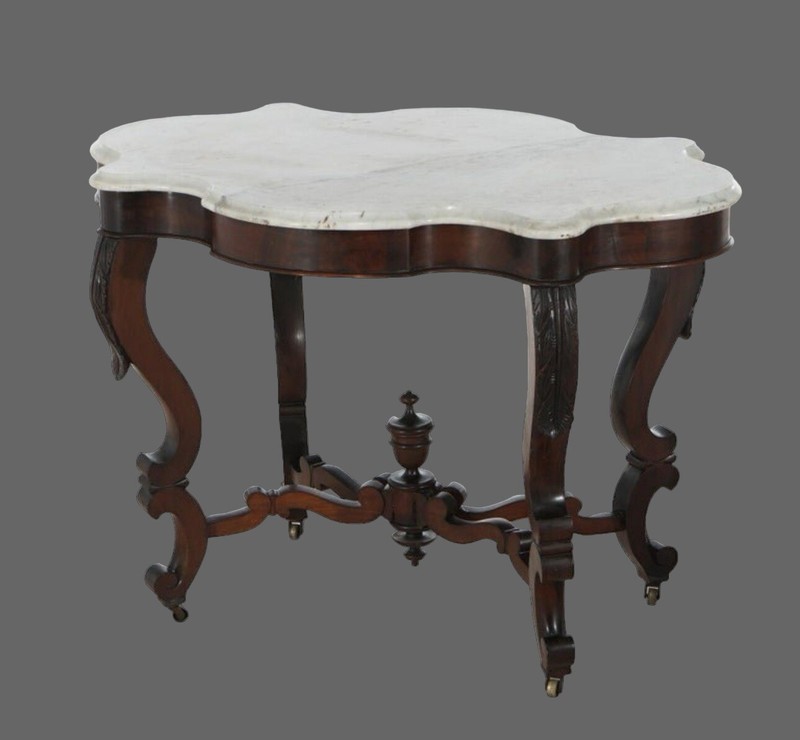Antique Victorian Foliate Carved Walnut & Beveled Marble Turtle Top Table gallery