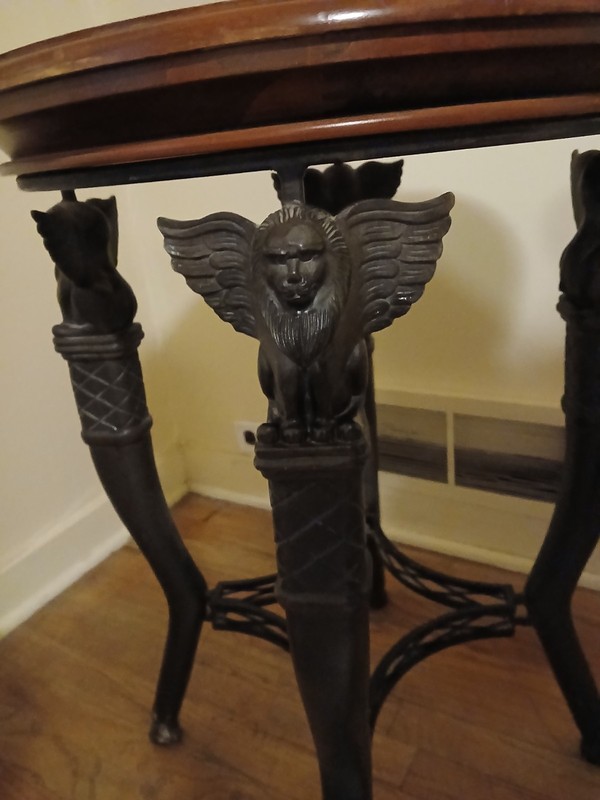 Antique Traditional Carved Round Side Table with Stone Top, Wood & Black Legs gallery