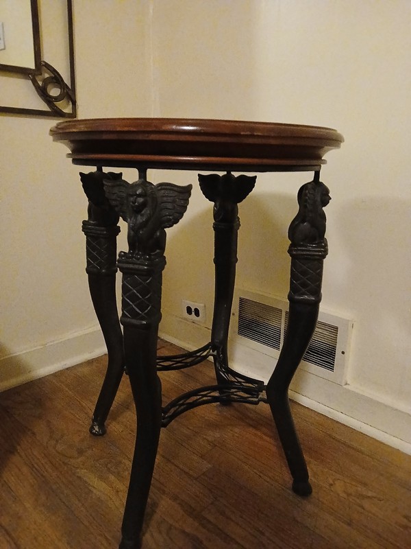 Antique Traditional Carved Round Side Table with Stone Top, Wood & Black Legs