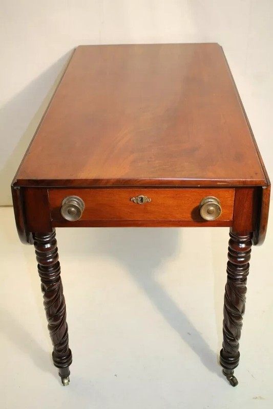 Great Federal Solid Crutch Mahogany Drop Leaf Side End Table on Casters, 19th c. gallery