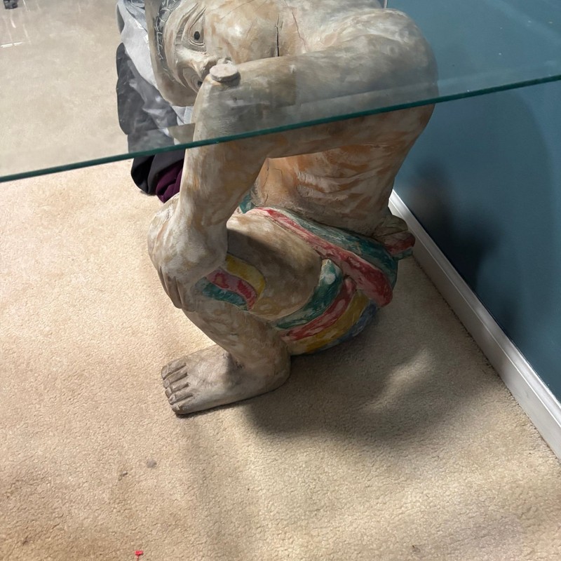 1960’s Polychrome Hand-Carved Wood Figural and Glass Coffee Table gallery