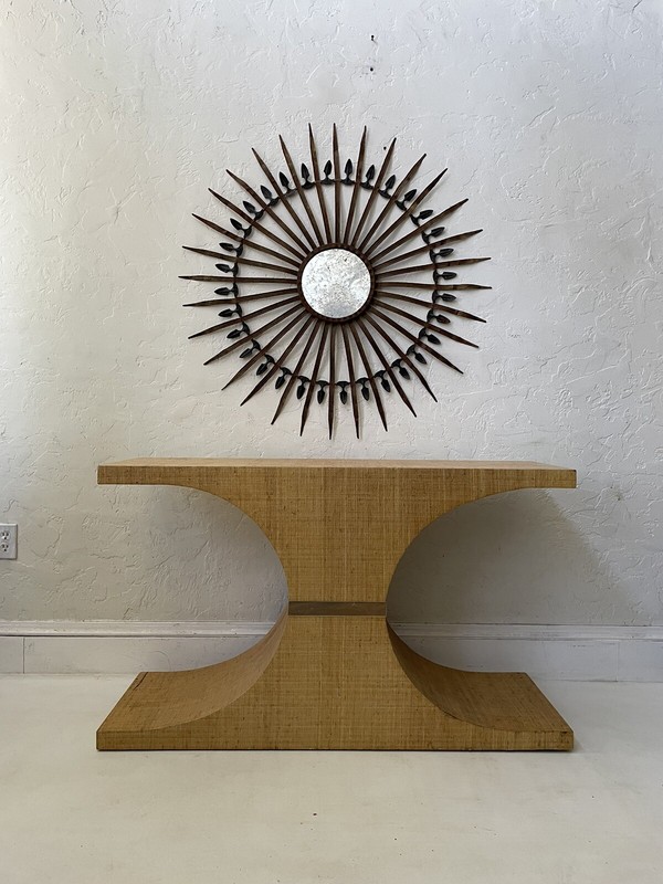 KARL SPRINGER Style Sculptural Grass Cloth Linen Brass Console Table gallery