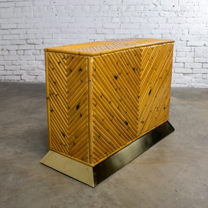 Modern Coastal Sofa Console Table Split Reed Bamboo Pedestal & Brass Plinth Base gallery