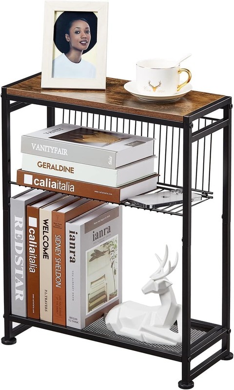 Small Side Table for Small Spaces - Slim End Table with Magazine Holder - 2 in 1