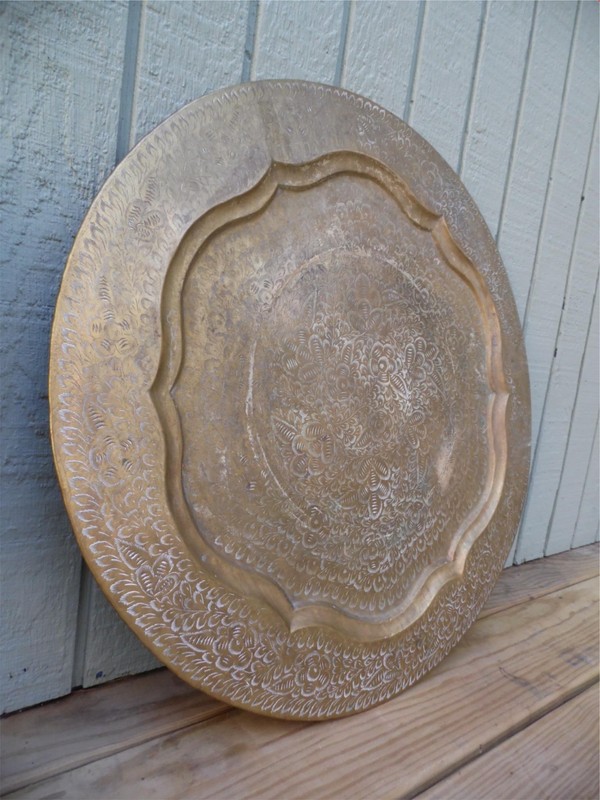 Vintage Middle Eastern Carved Teak & Engraved Brass Tray Top Folding Table gallery