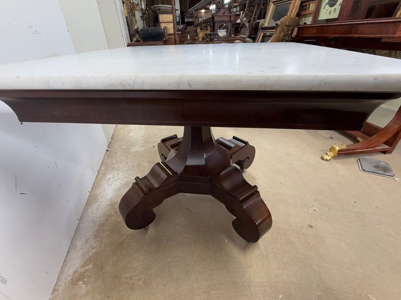 Antique classical empire flame mahogany marble top center table Meeks NY 1830 gallery