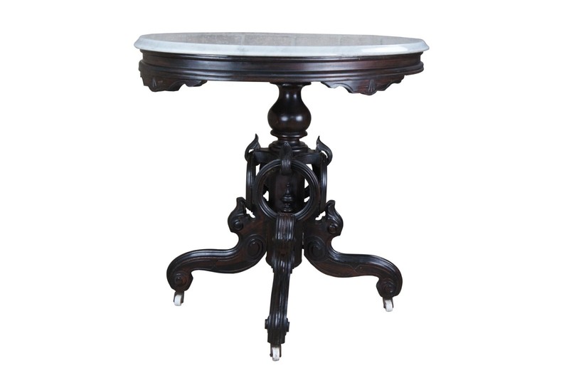 Antique Victorian Carved Rosewood Oval Marble Parlor Center Accent Table 32″