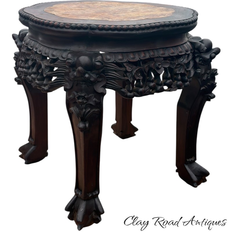 Antique Carved Chinese rosewood marble top parlor table plant stand small rose